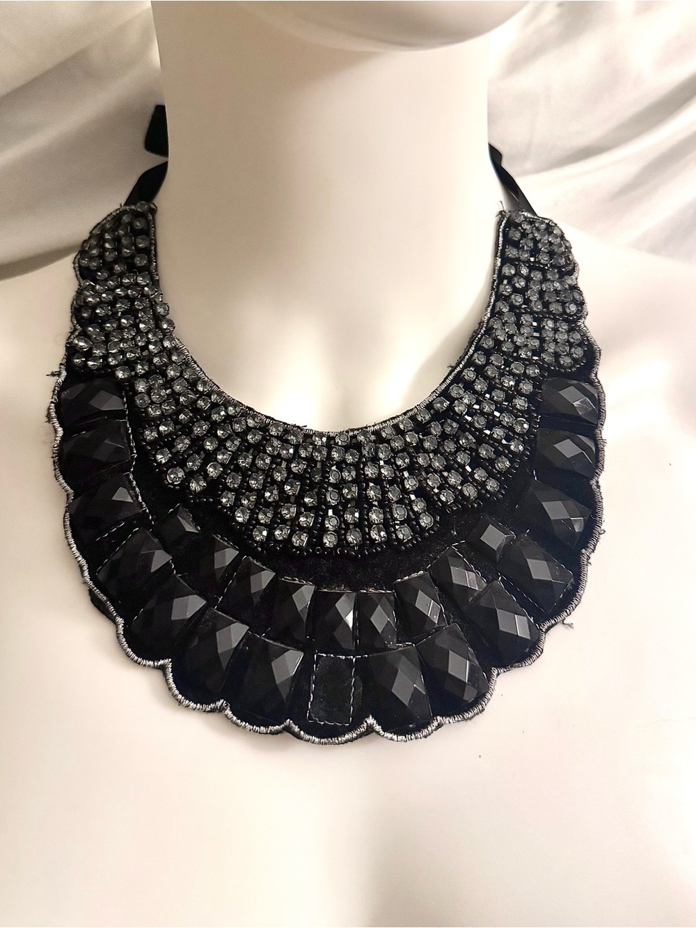 Black Crystal Bib Necklace - Elegant Statement Collar